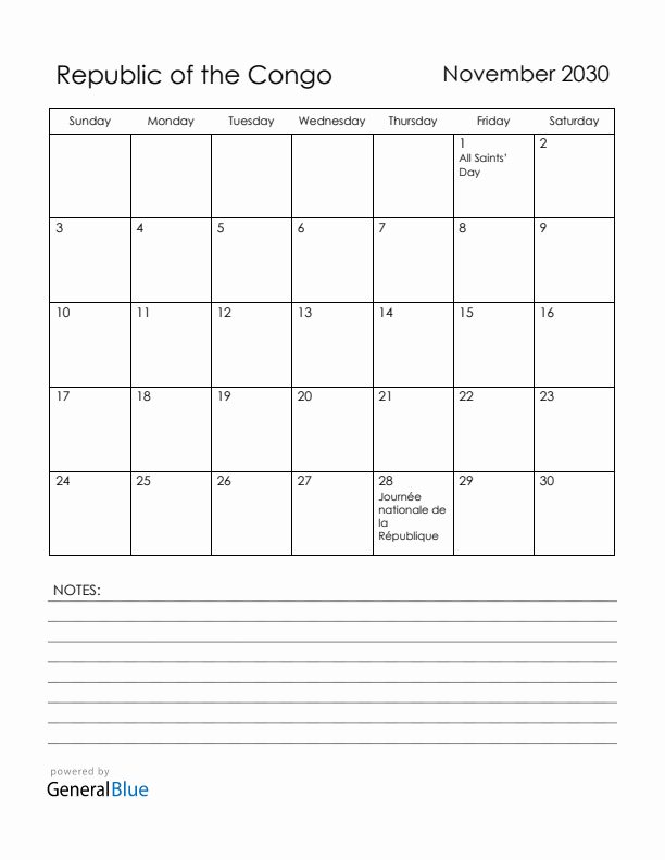 November 2030 Republic of the Congo Calendar with Holidays (Sunday Start)