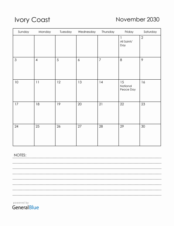 November 2030 Ivory Coast Calendar with Holidays (Sunday Start)