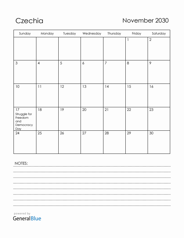 November 2030 Czechia Calendar with Holidays (Sunday Start)