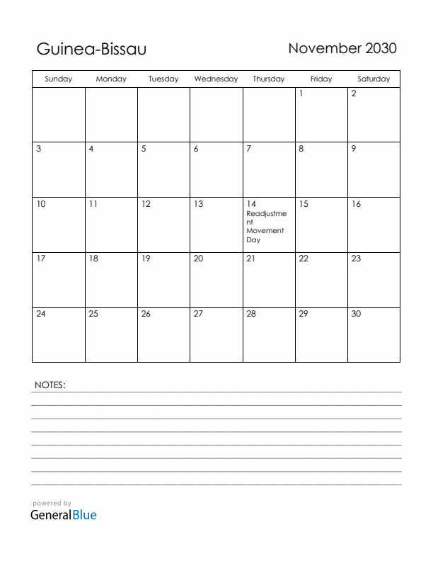 November 2030 Guinea-Bissau Calendar with Holidays (Sunday Start)