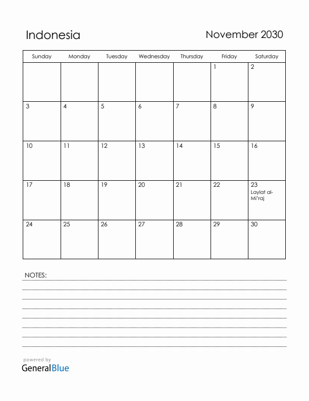 November 2030 Indonesia Calendar with Holidays (Sunday Start)