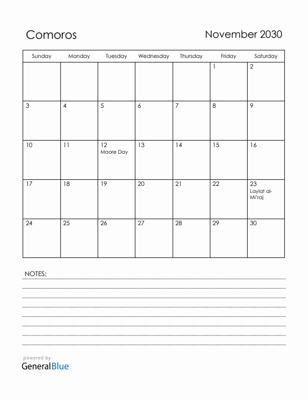 November 2030 Comoros Calendar with Holidays (Sunday Start)