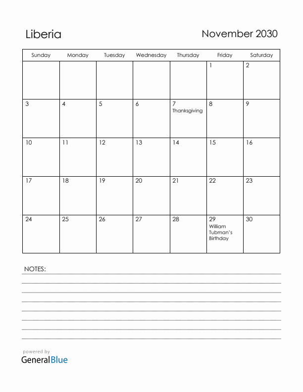 November 2030 Liberia Calendar with Holidays (Sunday Start)