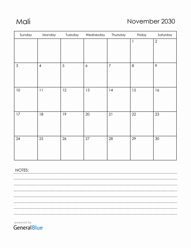 November 2030 Mali Calendar with Holidays (Sunday Start)