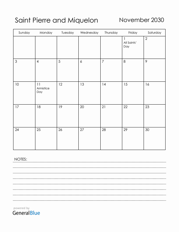 November 2030 Saint Pierre and Miquelon Calendar with Holidays (Sunday Start)