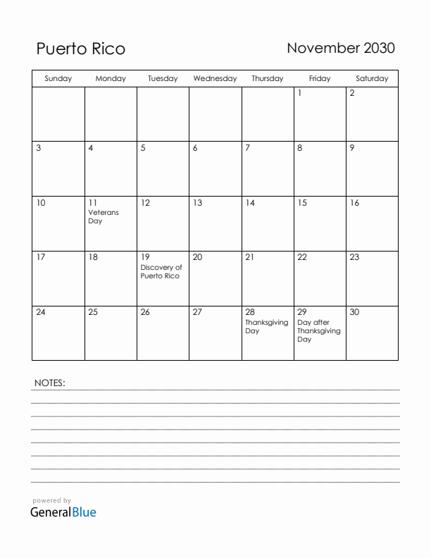 November 2030 Puerto Rico Calendar with Holidays (Sunday Start)