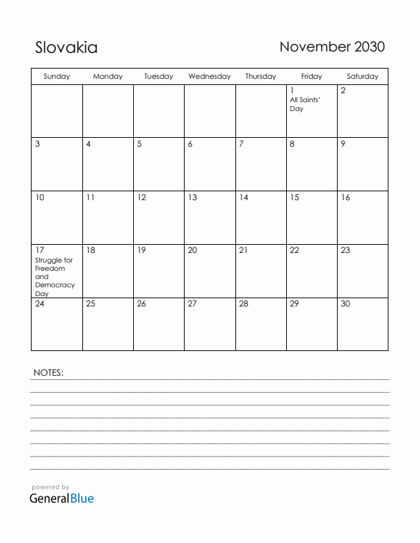 November 2030 Slovakia Calendar with Holidays (Sunday Start)