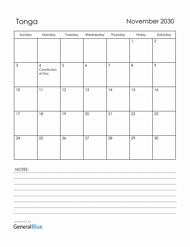 November 2030 Tonga Calendar with Holidays (Sunday Start)