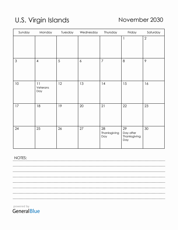 November 2030 U.S. Virgin Islands Calendar with Holidays (Sunday Start)