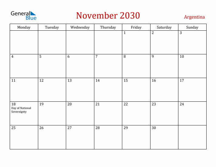 Argentina November 2030 Calendar - Monday Start