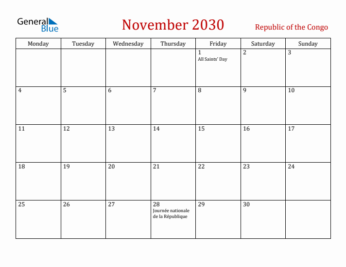 Republic of the Congo November 2030 Calendar - Monday Start