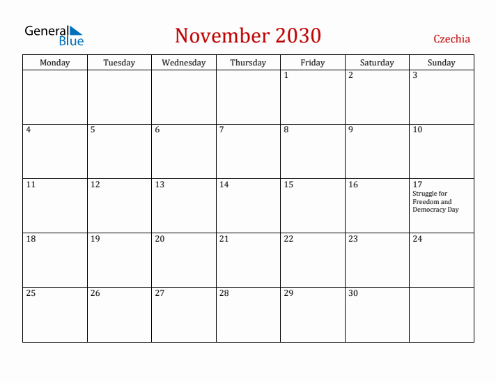 Czechia November 2030 Calendar - Monday Start