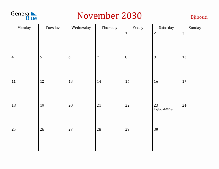 Djibouti November 2030 Calendar - Monday Start