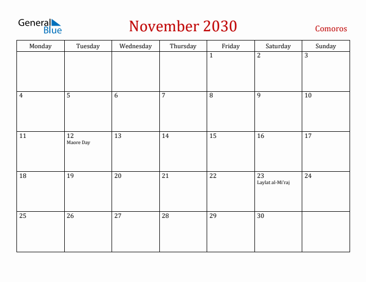 Comoros November 2030 Calendar - Monday Start