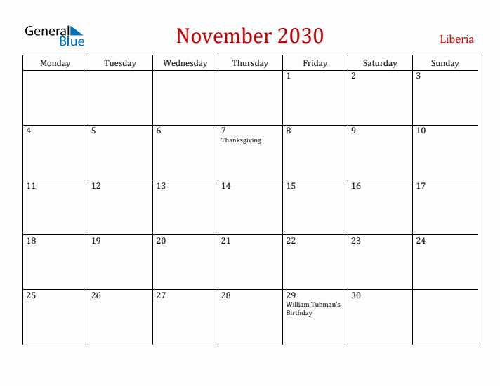 Liberia November 2030 Calendar - Monday Start