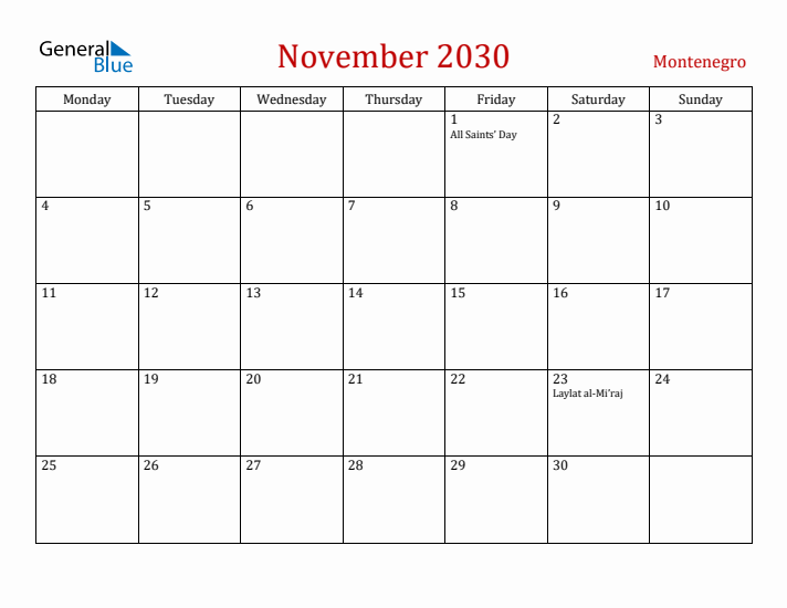 Montenegro November 2030 Calendar - Monday Start