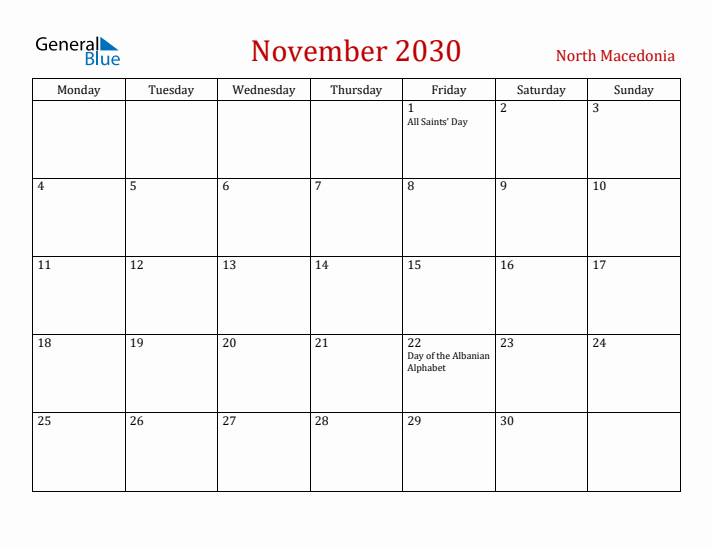 North Macedonia November 2030 Calendar - Monday Start