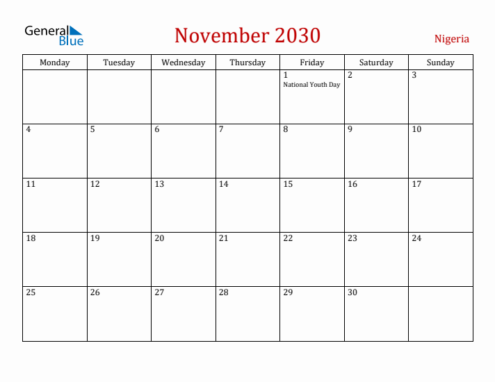 Nigeria November 2030 Calendar - Monday Start