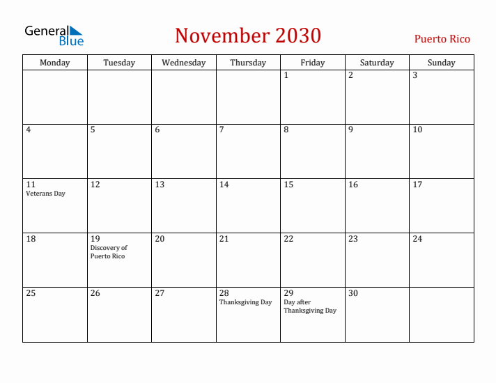 Puerto Rico November 2030 Calendar - Monday Start