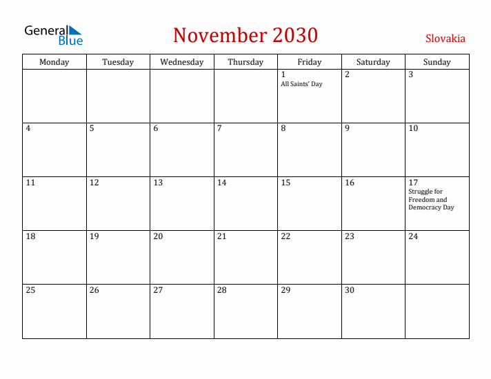 Slovakia November 2030 Calendar - Monday Start