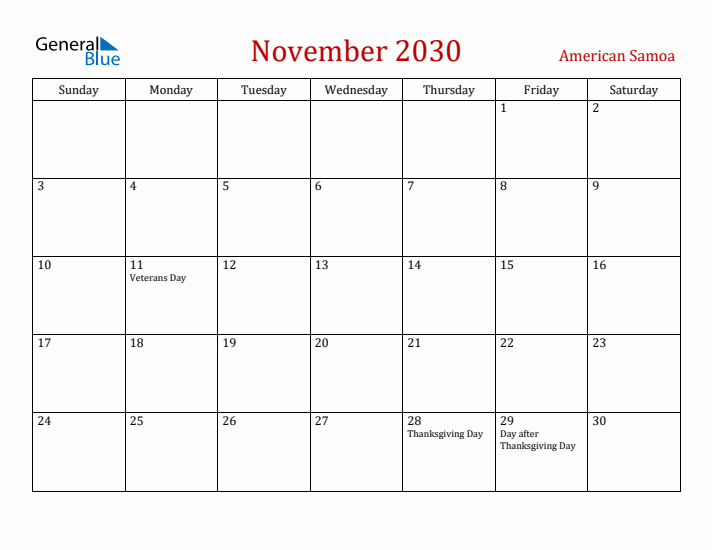 American Samoa November 2030 Calendar - Sunday Start
