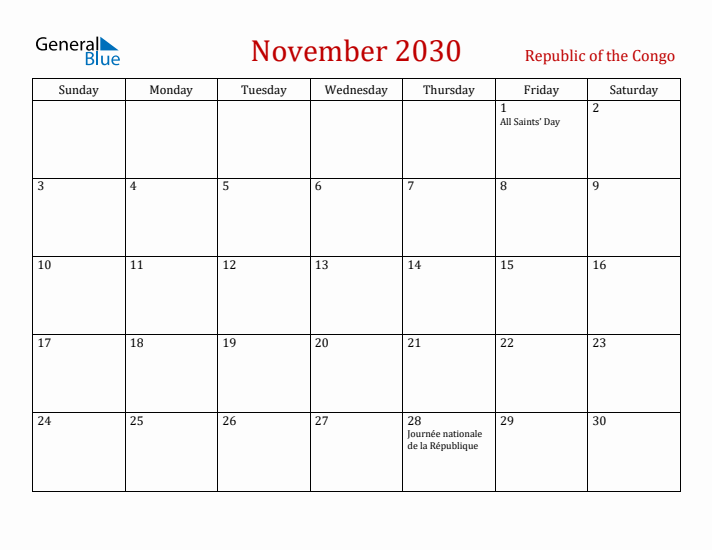 Republic of the Congo November 2030 Calendar - Sunday Start