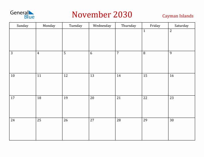Cayman Islands November 2030 Calendar - Sunday Start