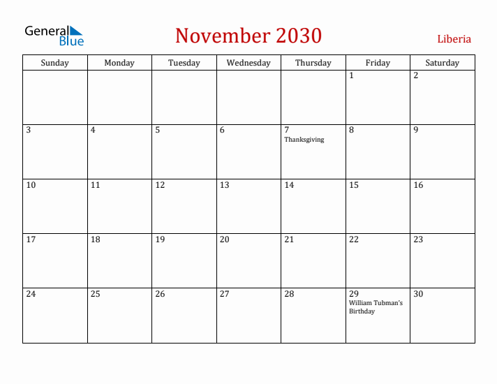 Liberia November 2030 Calendar - Sunday Start