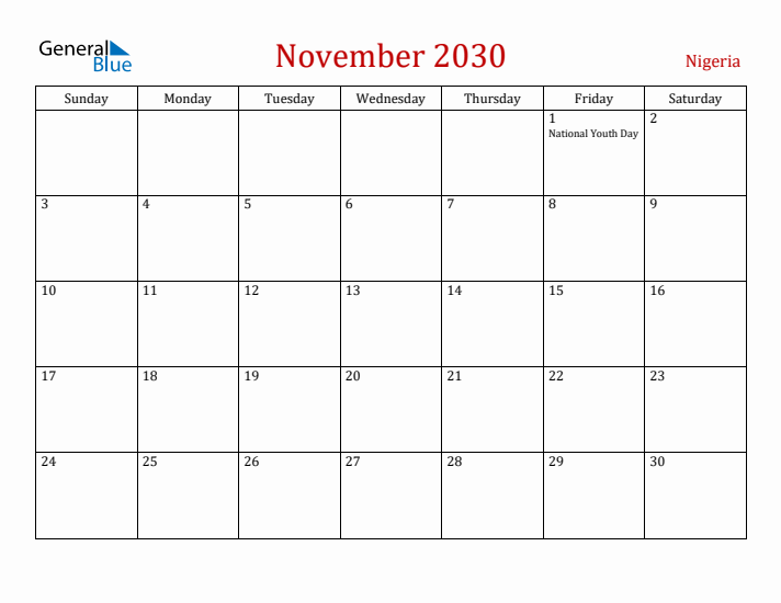 Nigeria November 2030 Calendar - Sunday Start
