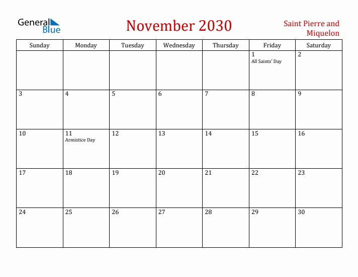 Saint Pierre and Miquelon November 2030 Calendar - Sunday Start