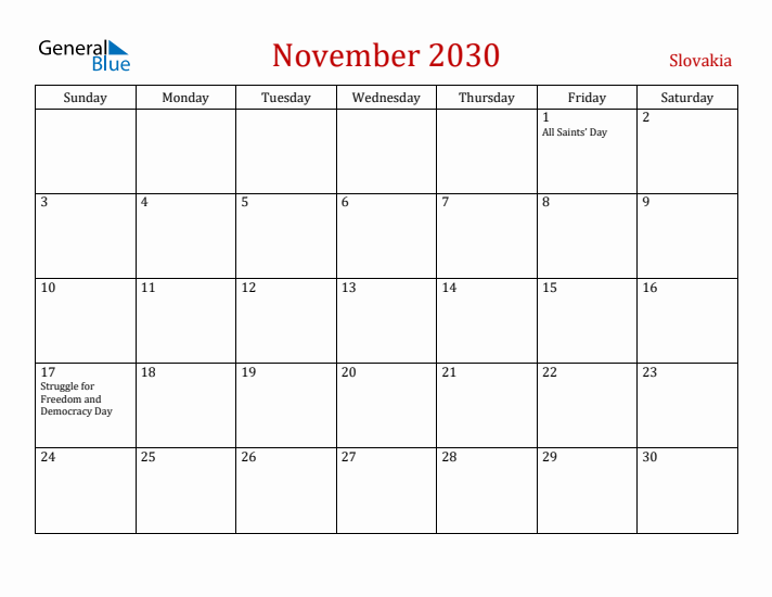 Slovakia November 2030 Calendar - Sunday Start