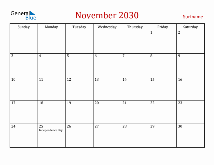 Suriname November 2030 Calendar - Sunday Start