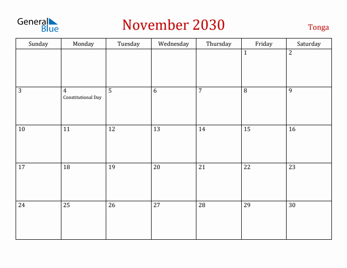 Tonga November 2030 Calendar - Sunday Start