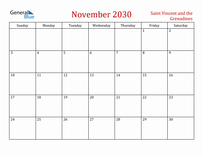 Saint Vincent and the Grenadines November 2030 Calendar - Sunday Start