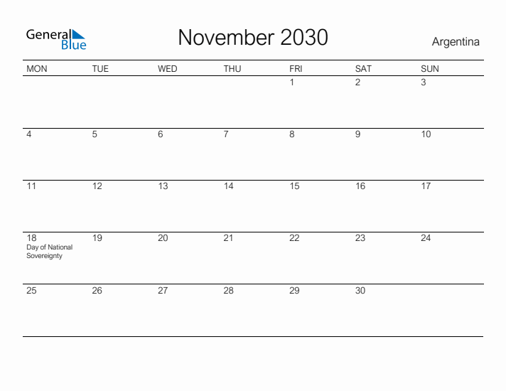 Printable November 2030 Calendar for Argentina