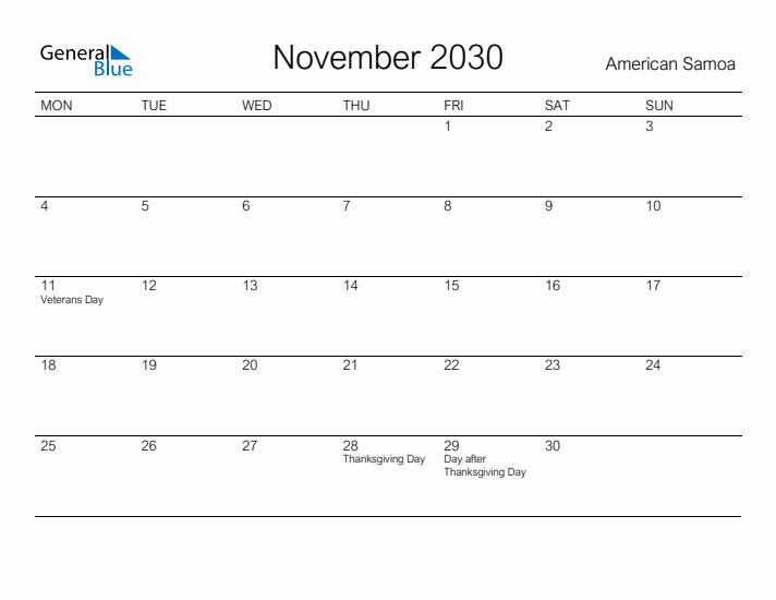 Printable November 2030 Calendar for American Samoa