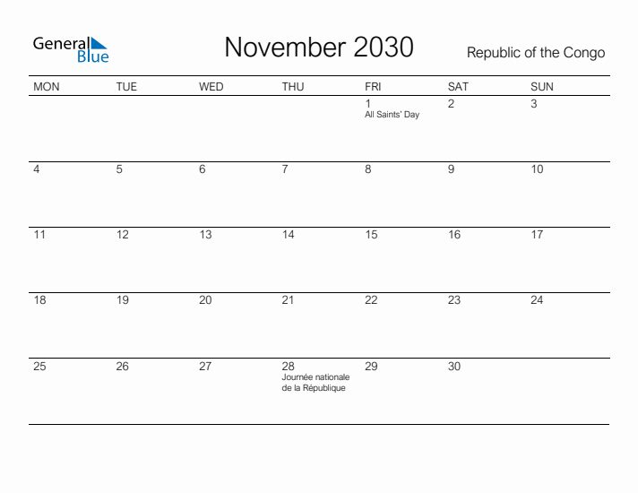 Printable November 2030 Calendar for Republic of the Congo