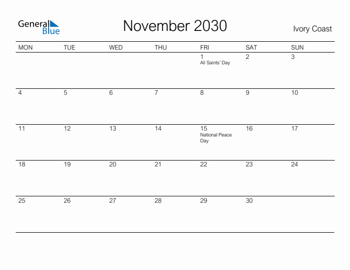 Printable November 2030 Calendar for Ivory Coast