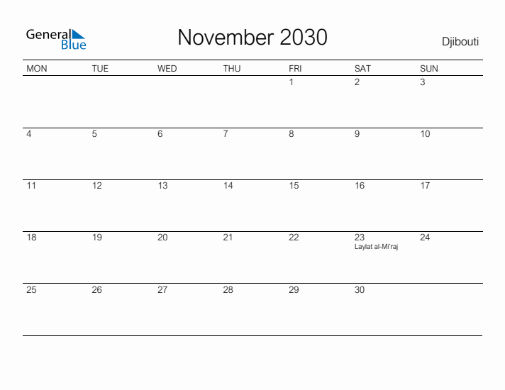 Printable November 2030 Calendar for Djibouti