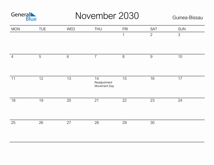 Printable November 2030 Calendar for Guinea-Bissau