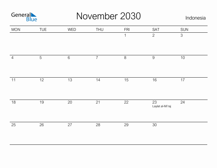 Printable November 2030 Calendar for Indonesia