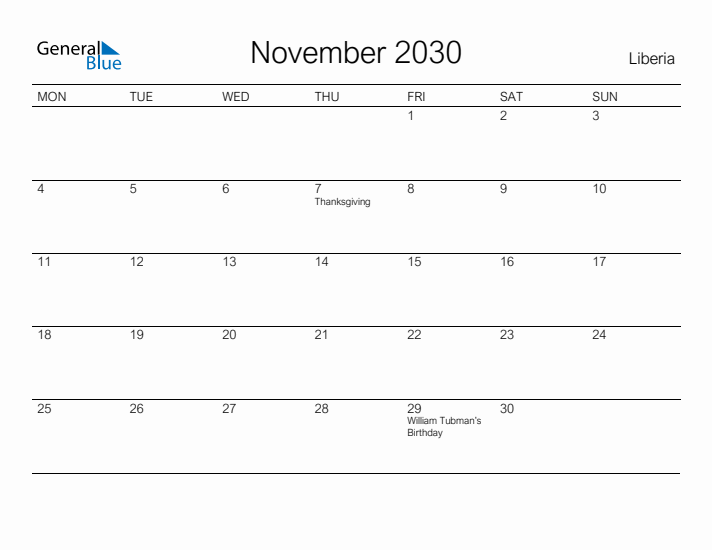 Printable November 2030 Calendar for Liberia
