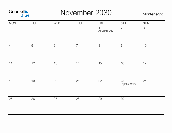 Printable November 2030 Calendar for Montenegro