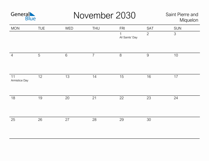 Printable November 2030 Calendar for Saint Pierre and Miquelon