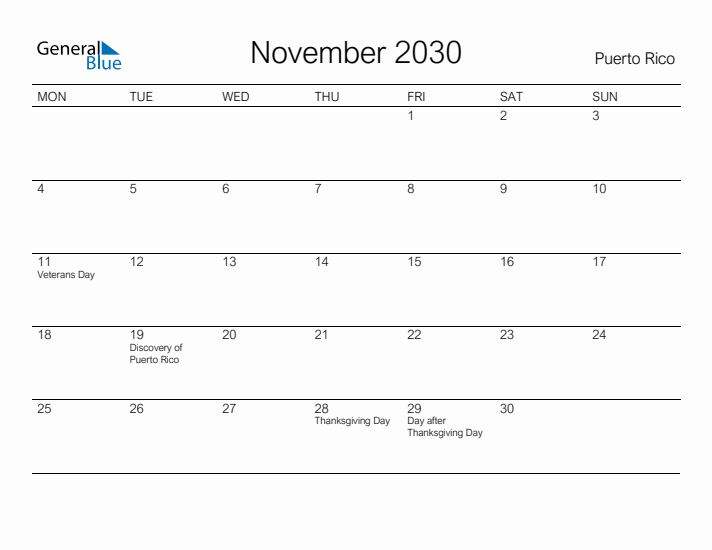 Printable November 2030 Calendar for Puerto Rico