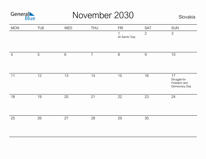 Printable November 2030 Calendar for Slovakia