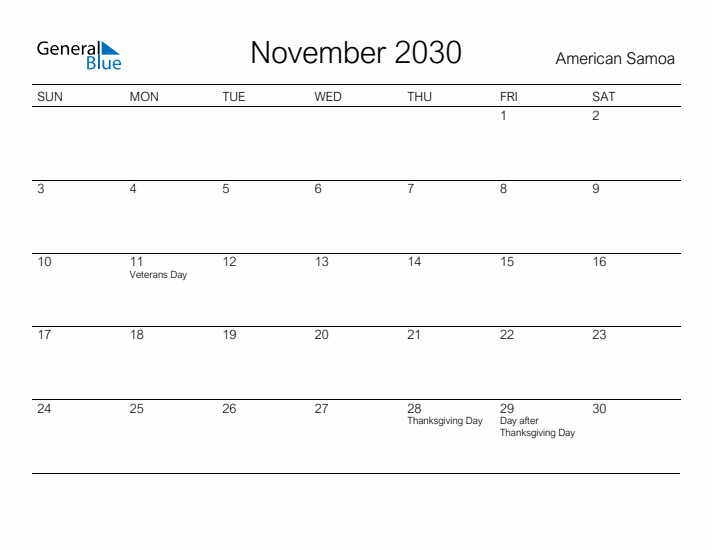 Printable November 2030 Calendar for American Samoa
