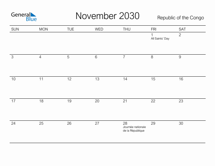 Printable November 2030 Calendar for Republic of the Congo