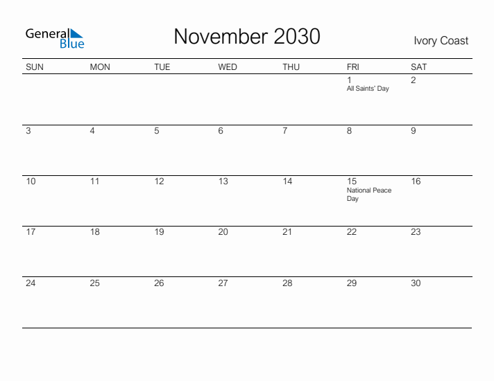 Printable November 2030 Calendar for Ivory Coast