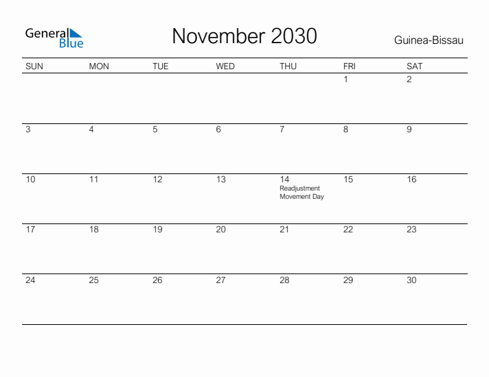 Printable November 2030 Calendar for Guinea-Bissau